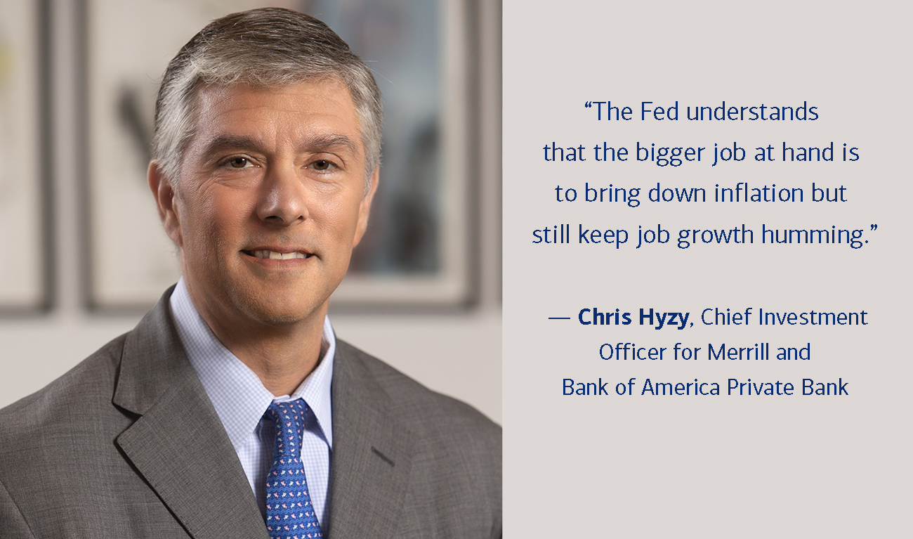Chris Hyzy, Chief Investment Officer, Merrill and Bank of America Private Bank, next to his quote: “The Fed understands that the bigger job at hand is to bring down inflation but still keep job growth humming.”