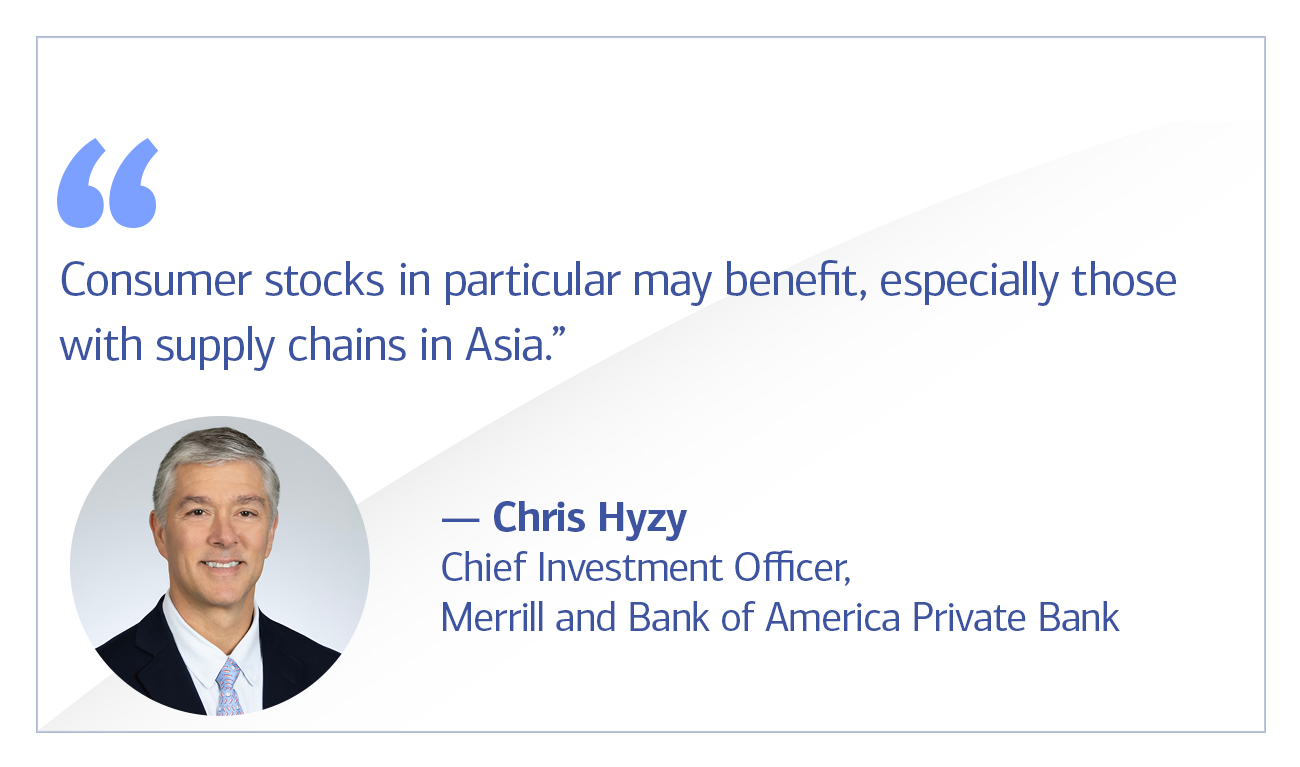 Chris Hyzy, Chief Investment Officer for Merrill and Bank of America Private Bank quote “Consumer stocks in particular may benefit, especially those with supply chains in Asia.”