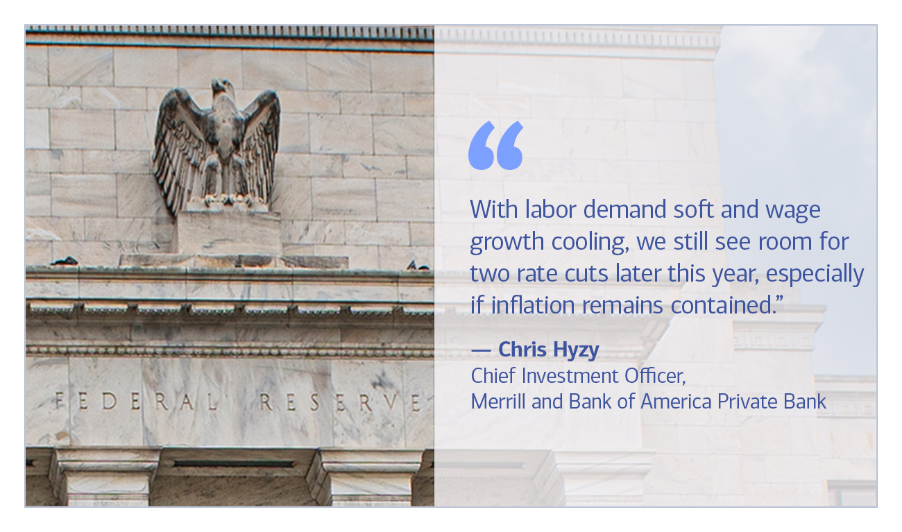 Chris Hyzy, Chief Investment Officer, Merrill and Bank of America Private Bank quote “With labor demand soft and wage growth cooling, we still see room for two rate cuts later this year, especially if inflation remains contained.”