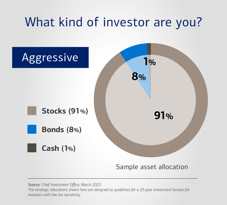 Pie chart titled, “What kind of investor are you?: Aggressive,” which illustrates a sample asset allocation for an aggressive investor. Visit the link below for a full description.