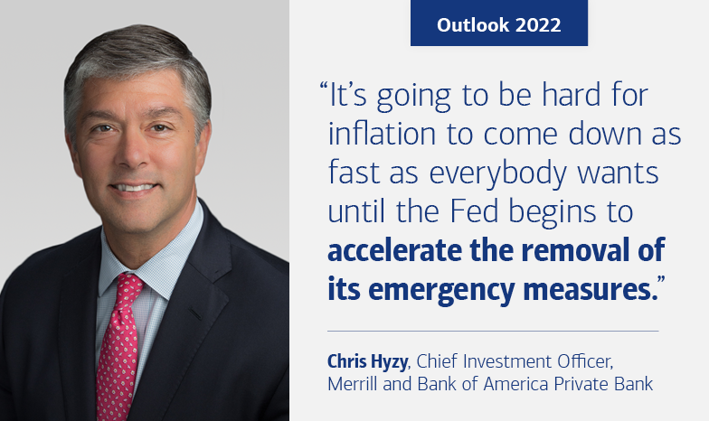 Slide 1. Hed reads, “Outlook 2022.” Portrait of “Chris Hyzy, Chief Investment Officer, Merrill and Bank of America Private Bank” is to the left. Quote from Hyzy reads, “It’s going to be hard for inflation to come down as fast as everybody wants until the Fed begins to accelerate the removal of its emergency measures.”