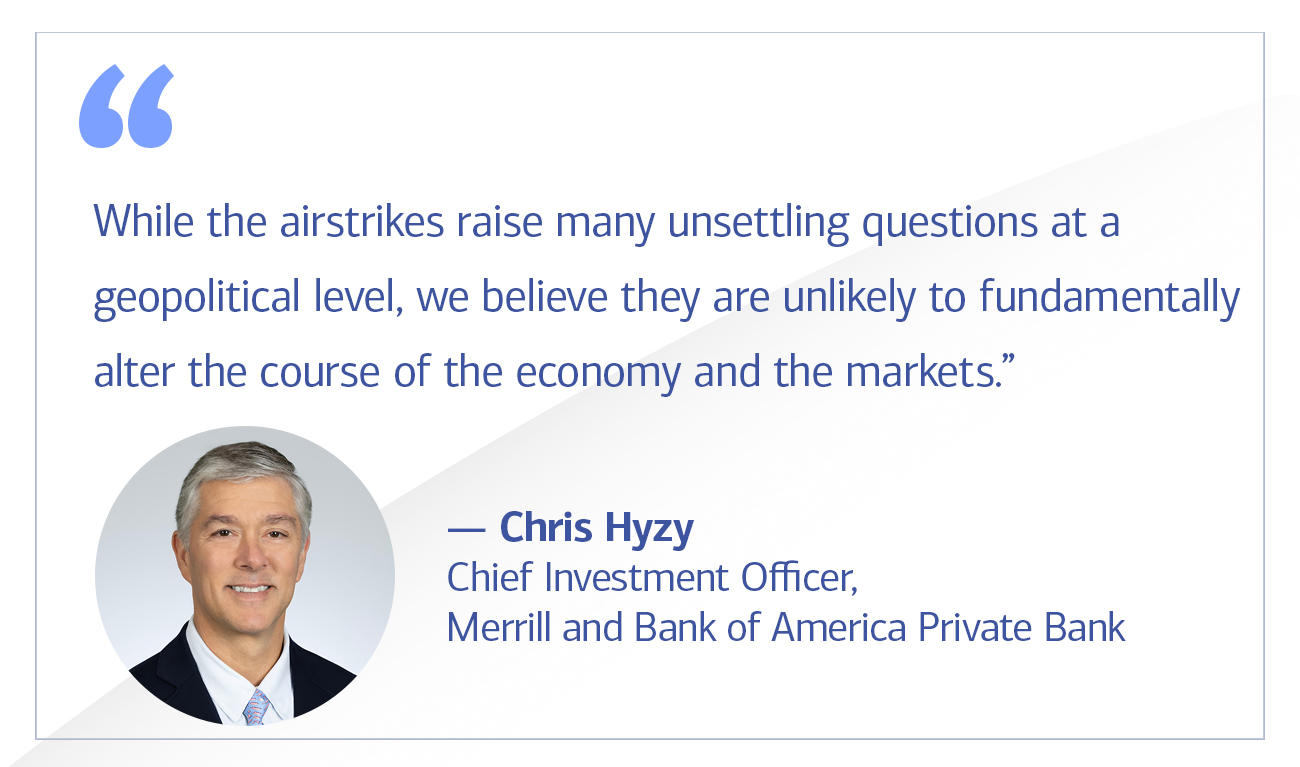 Chris Hyzy, Chief Investment Officer, Merrill and Bank of America Private Bank quote “While the airstrikes raise many unsettling questions at a geopolitical level, we believe they are unlikely to fundamentally alter the course of the economy and the markets.”