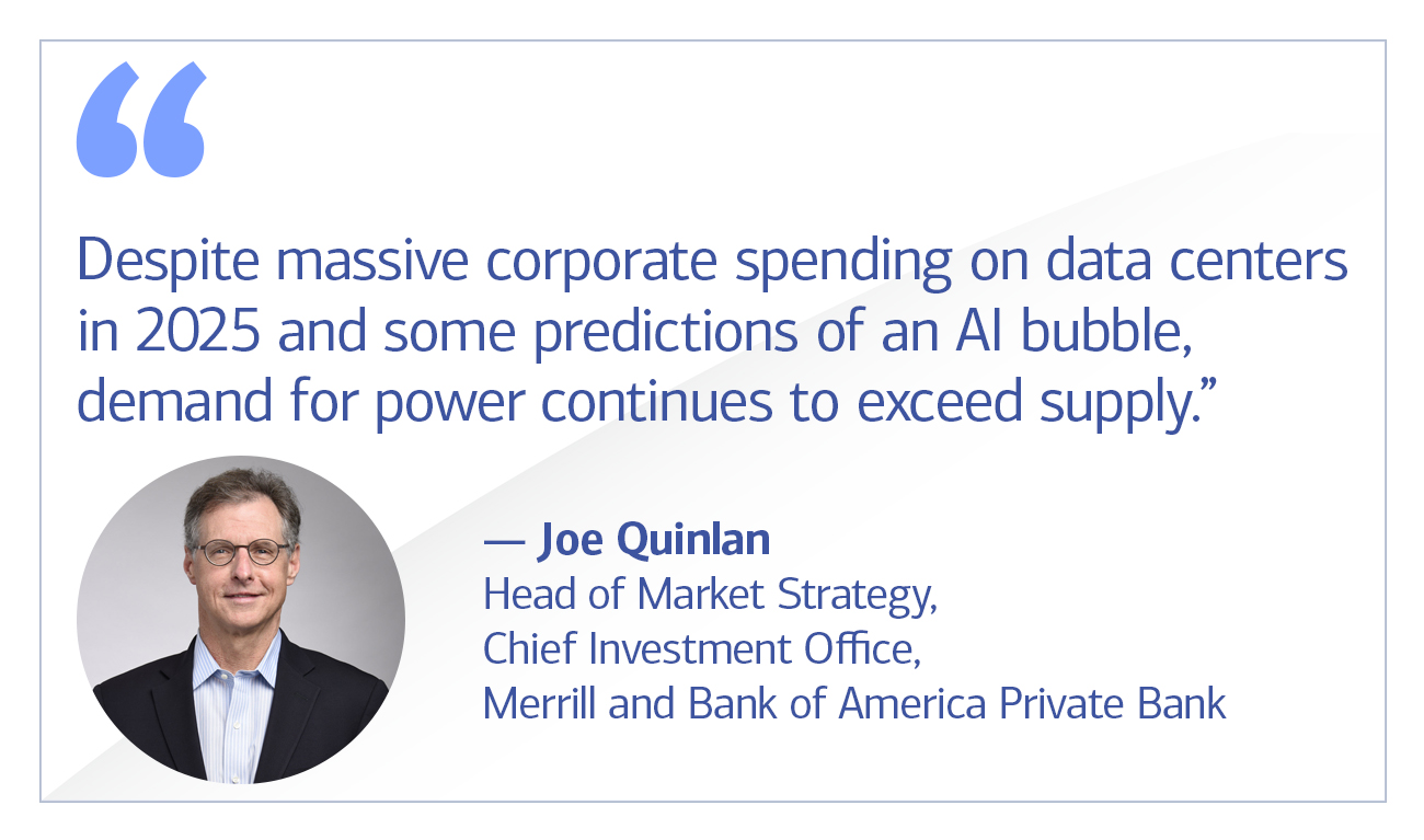 Joe Quinlan, head of Market Strategy in the Chief Investment Office for Merrill and Bank of America Private Bank quote “Despite massive corporate spending on data centers in 2025 and some predictions of an AI bubble, demand for power continues to exceed supply.”