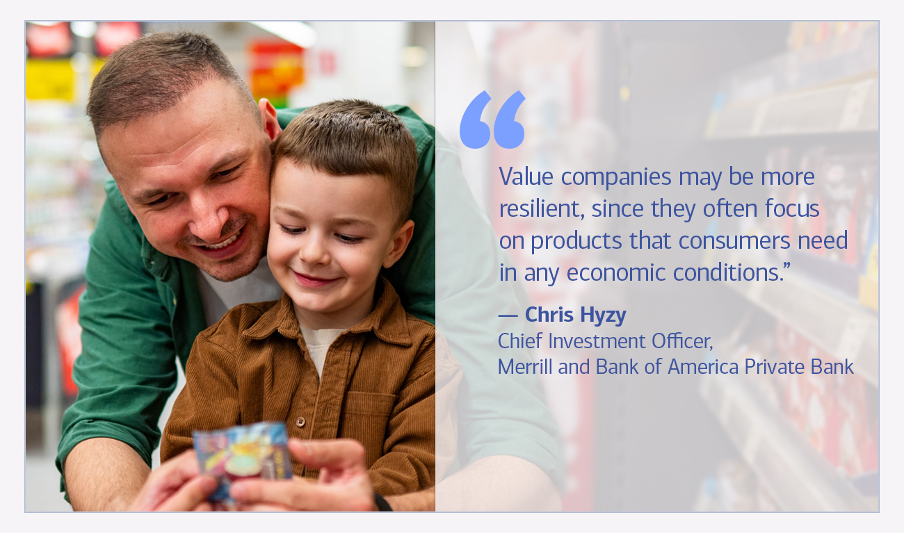 Chris Hyzy, Chief Investment Officer, Merrill and Bank of America Private Bank quote “Value companies may be more resilient, since they often focus on products that consumers need in any economic conditions.”