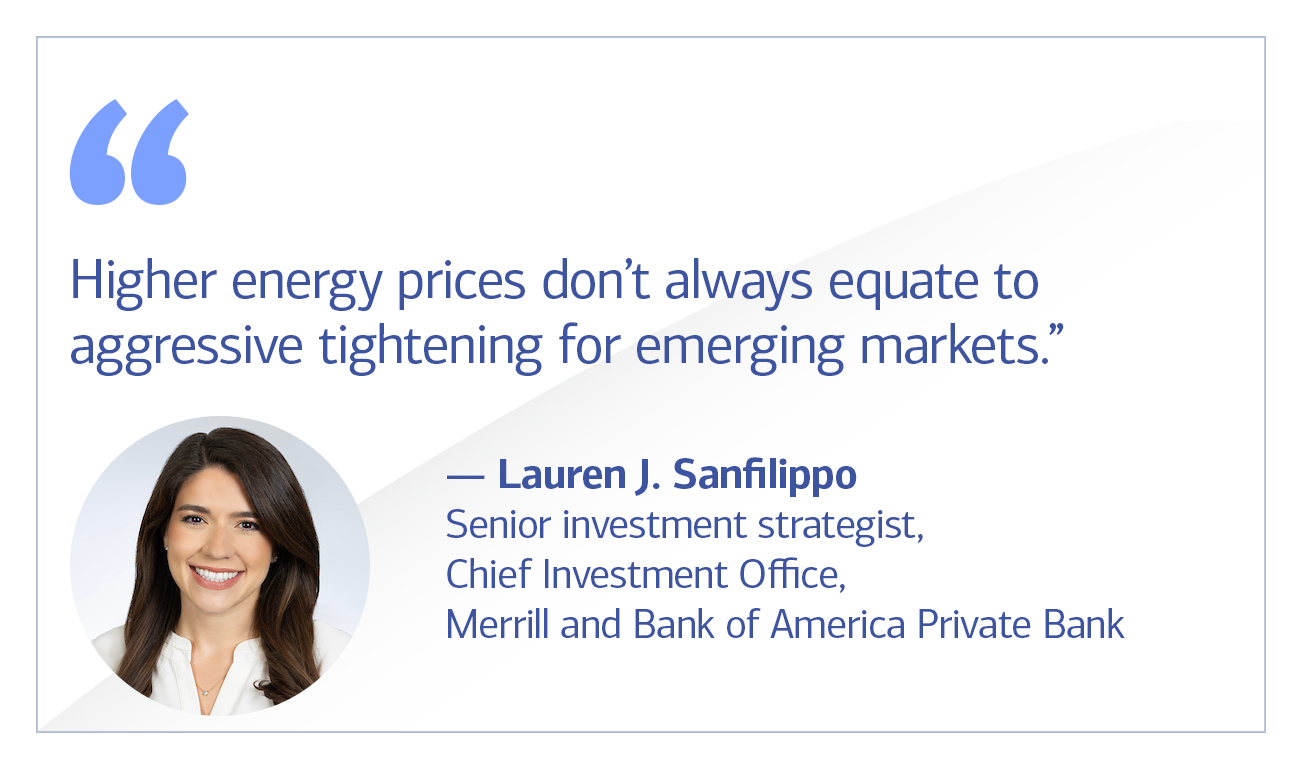 Lauren Sanfilippo, Senior Investment Strategist Chief Investment Office, Merrill and Bank of America Private Bank quote “Higher energy prices don’t always equate to aggressive tightening for emerging markets.”
