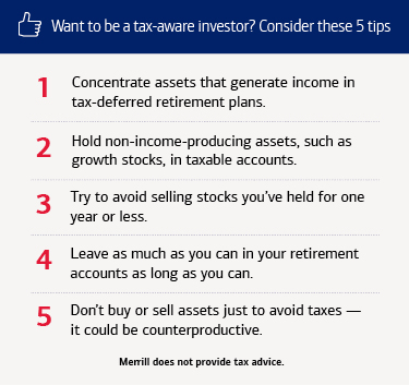 Infographic titled "Want to be a tax-aware investor? Consider these 5 tips." For full details, visit the link below.