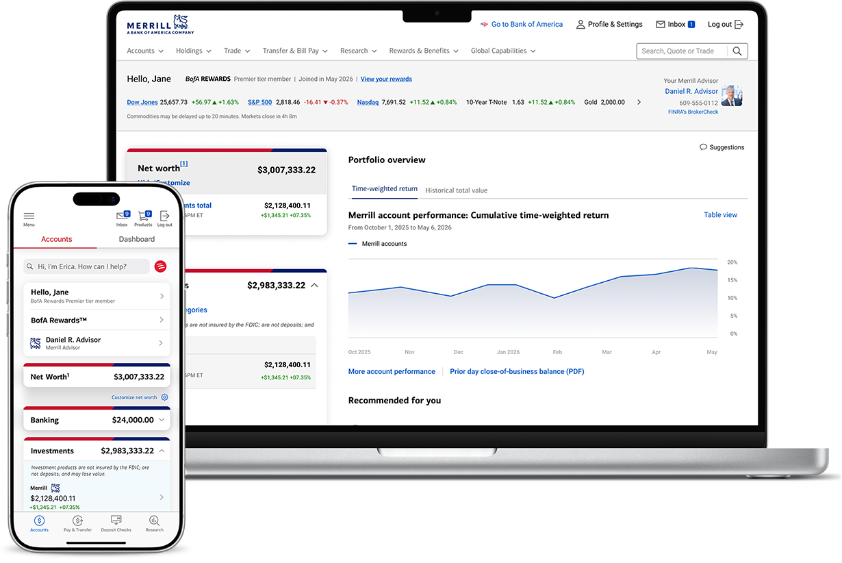 Illustrative image of online banking and investing screens in one app