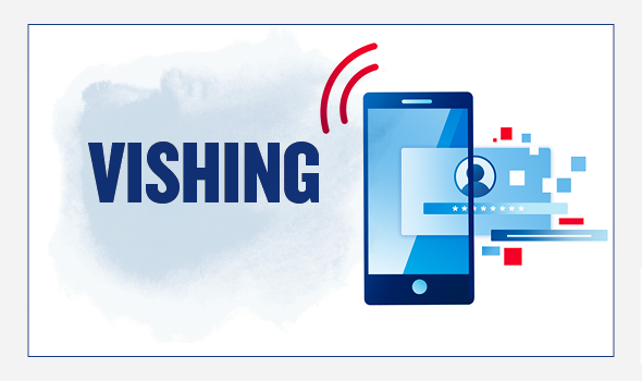 On the left, the header text reads: Vishing. On the right there is an illustration of a smartphone with the antenna signal and a contact icon floating beside it in a cloud of squares, representing an incoming call.