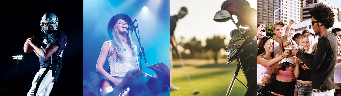 A footer player, a women singing into a microphone, a golfer, and a celebrity signing autographs